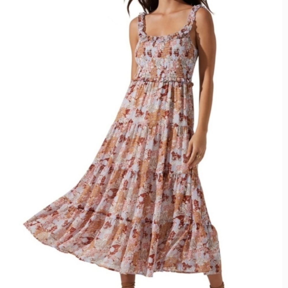 ASTR The Label Rust Blue Floral Smocked Tiered Long Dress Women's Sz S Sleeveles